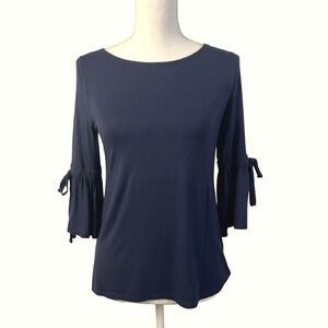White House Black Market Cottagecore Bell Sleeve‎ Top Tie Cuff Blouse Navy XS